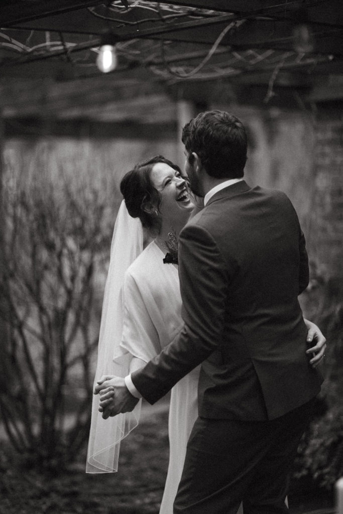 couple sharing their first dance after an intimate elopement at the ruby june inn in white salmon