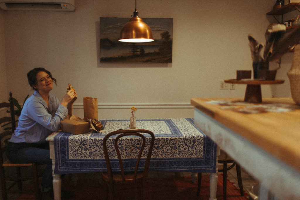 a bride having a meal before her elopement