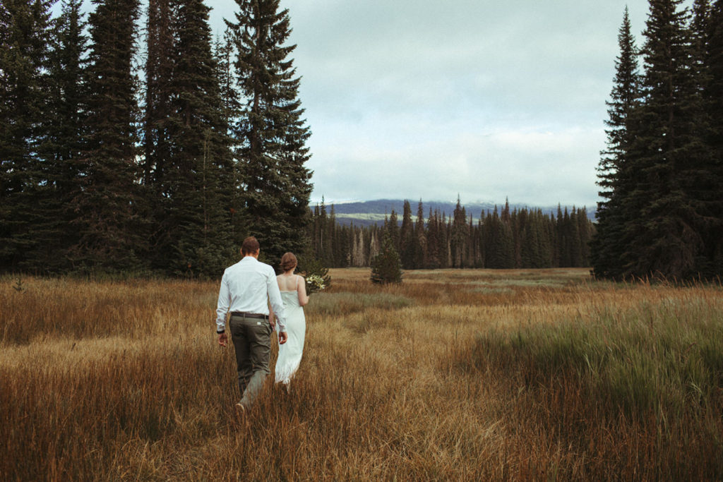 bride and groom walking through a field towards their elopement ceremony close to Mt. Adams
